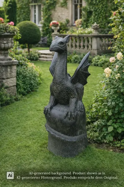Product image 1 of the product “Sitting dragon on a rock, approx. 152 cm high. Cast stone, handcrafted & colored ”